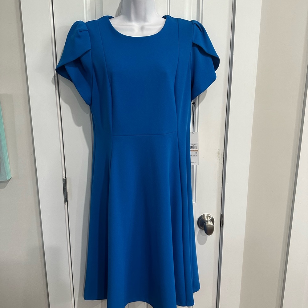 NWT CALVIN KLEIN Classic Fit Blue Flare Midi Dress, Size 12 - Picture 3 of 13